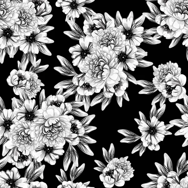 Seamless Vintage Style Flower Pattern Floral Elements Black White — Stock Vector