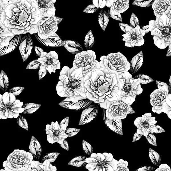 Naadloze Vintage Stijl Bloemenpatroon Floral Elementen Zwart Wit — Stockvector