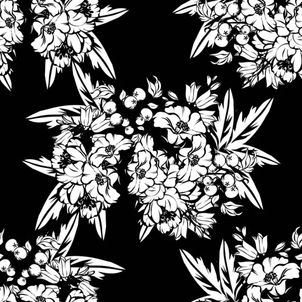 Padrão Flor Estilo Vintage Sem Costura Elementos Florais Preto Branco — Vetor de Stock