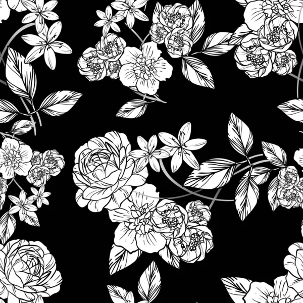 Naadloze Vintage Stijl Bloemenpatroon Floral Elementen Zwart Wit — Stockvector