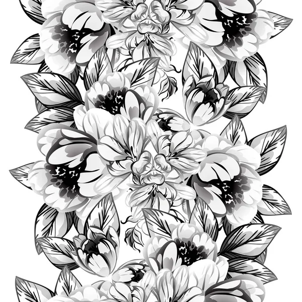 Patrón Flores Estilo Vintage Sin Costuras Elementos Florales Blanco Negro — Vector de stock