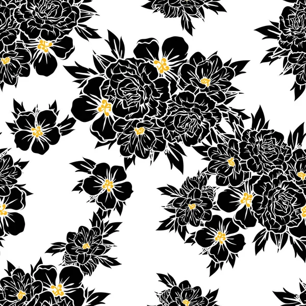 Padrão Flor Estilo Vintage Sem Costura Elementos Florais Preto Branco — Vetor de Stock