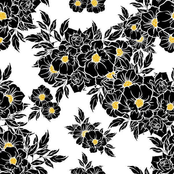 Padrão Flor Estilo Vintage Sem Costura Elementos Florais Preto Branco — Vetor de Stock