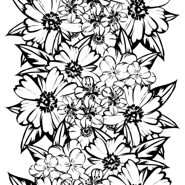 Patrón Flores Estilo Vintage Sin Costuras Elementos Florales Blanco Negro — Vector de stock