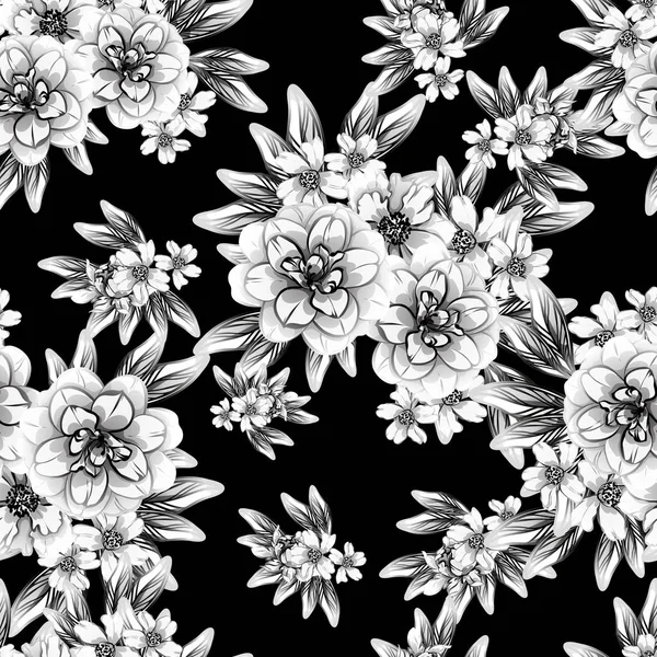 Seamless Vintage Style Flower Pattern Floral Elements Black White — Stock Vector