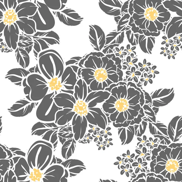Sorunsuz vintage tarzı çiçek deseni. Siyah ve beyaz çiçek öğeleri.