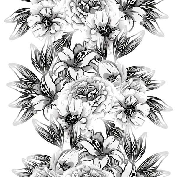 Modèle Fleur Style Vintage Sans Couture Eléments Floraux Noir Blanc — Image vectorielle