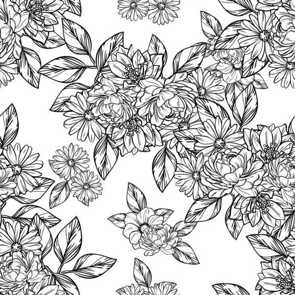 Patrón Flores Estilo Vintage Sin Costuras Elementos Florales Blanco Negro — Vector de stock