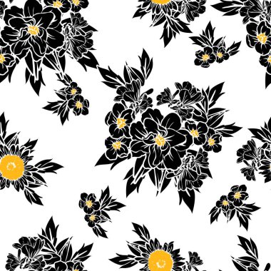 Sorunsuz vintage tarzı çiçek deseni. Siyah ve beyaz çiçek öğeleri.