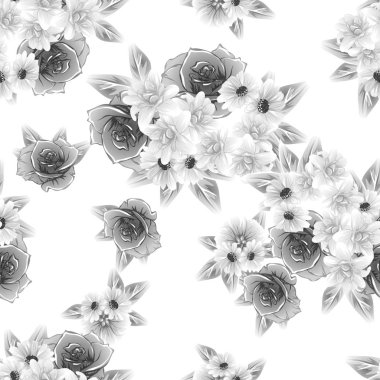 Sorunsuz vintage tarzı çiçek deseni. Siyah ve beyaz çiçek öğeleri.