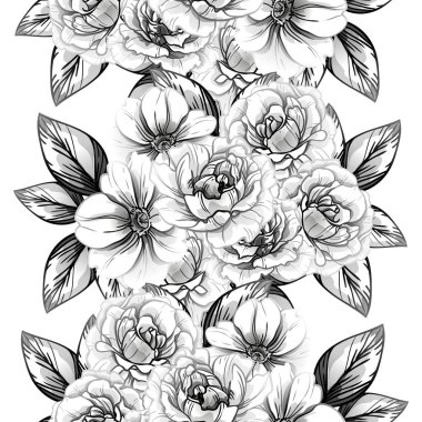 Sorunsuz vintage tarzı çiçek deseni. Siyah ve beyaz çiçek öğeleri.