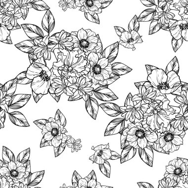 Sorunsuz vintage tarzı çiçek deseni. Siyah ve beyaz çiçek öğeleri.