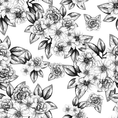 Sorunsuz vintage tarzı çiçek deseni. Siyah ve beyaz çiçek öğeleri.