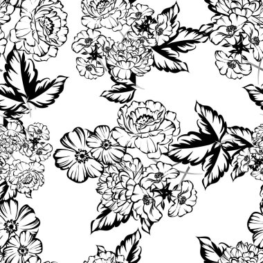 Sorunsuz vintage tarzı çiçek deseni. Siyah ve beyaz çiçek öğeleri.