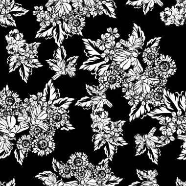 Sorunsuz vintage tarzı çiçek deseni. Siyah ve beyaz çiçek öğeleri.
