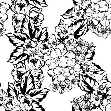 Sorunsuz vintage tarzı çiçek deseni. Siyah ve beyaz çiçek öğeleri.