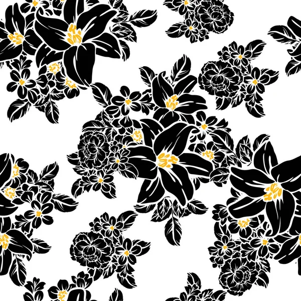 Modèle Fleur Style Vintage Sans Couture Eléments Floraux Noir Blanc — Image vectorielle