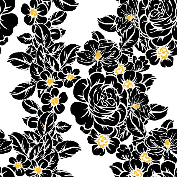 Modèle Fleur Style Vintage Sans Couture Eléments Floraux Noir Blanc — Image vectorielle