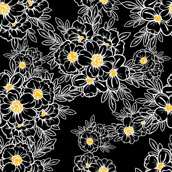 Patrón Flores Estilo Vintage Sin Costuras Elementos Florales Blanco Negro — Archivo Imágenes Vectoriales