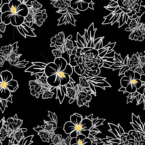 Padrão Flor Estilo Vintage Sem Costura Elementos Florais Preto Branco — Vetor de Stock