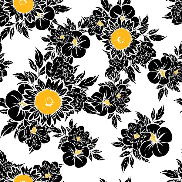 Modello Fiore Stile Vintage Senza Cuciture Elementi Floreali Bianco Nero — Vettoriale Stock