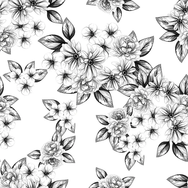 Modèle Fleur Style Vintage Sans Couture Eléments Floraux Noir Blanc — Image vectorielle