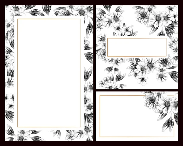 Hochzeitskarten Vintage Stil Schwarz Und Weiß Florale Elemente Und Rahmen — Stockvektor