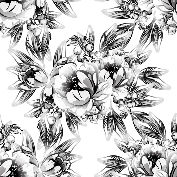 Patrón Flores Estilo Vintage Sin Costuras Elementos Florales Blanco Negro — Archivo Imágenes Vectoriales