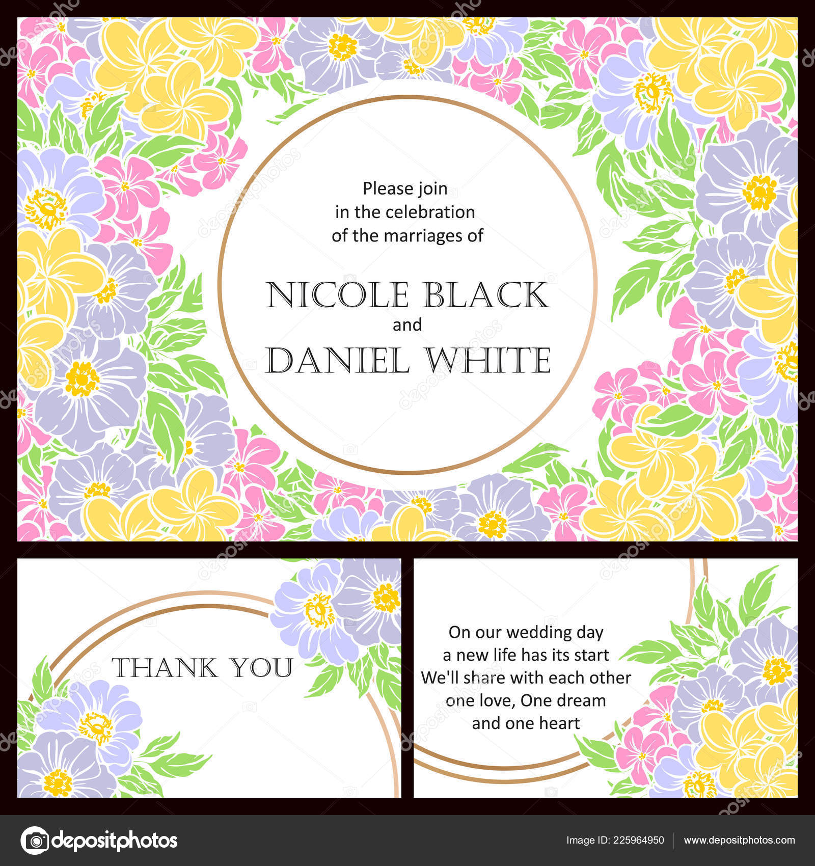 Vintage Style Flower Wedding Cards Set Floral Elements Frames Stock