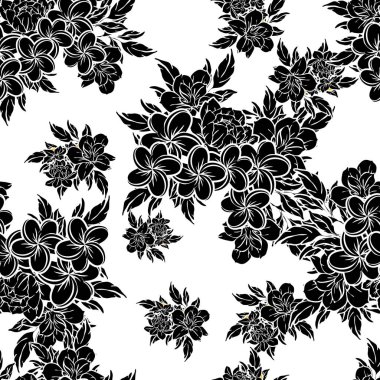 Sorunsuz vintage tarzı çiçek deseni. Siyah ve beyaz çiçek öğeleri.
