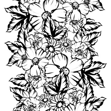 Sorunsuz vintage tarzı çiçek deseni. Siyah ve beyaz çiçek öğeleri.