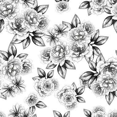 Sorunsuz vintage tarzı çiçek deseni. Siyah ve beyaz çiçek öğeleri.