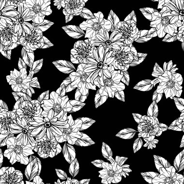 Sorunsuz vintage tarzı çiçek deseni. Siyah ve beyaz çiçek öğeleri.