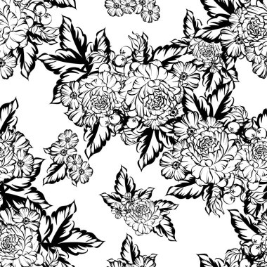 Sorunsuz vintage tarzı çiçek deseni. Siyah ve beyaz çiçek öğeleri.