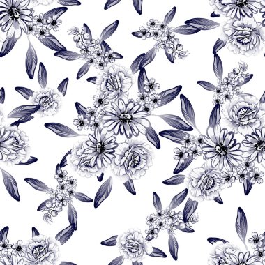 Sorunsuz vintage tarzı tek renkli renkli çiçek deseni. Çiçek öğeleri.