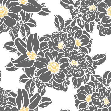 Sorunsuz vintage tarzı çiçek deseni. Siyah ve beyaz çiçek öğeleri.