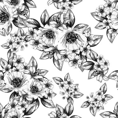 Sorunsuz vintage tarzı çiçek deseni. Siyah ve beyaz çiçek öğeleri.
