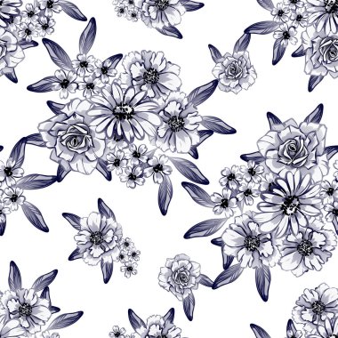 Sorunsuz vintage tarzı tek renkli renkli çiçek deseni. Çiçek öğeleri.