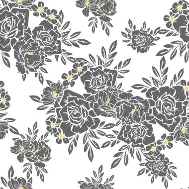 Sorunsuz vintage tarzı çiçek deseni. Siyah ve beyaz çiçek öğeleri.