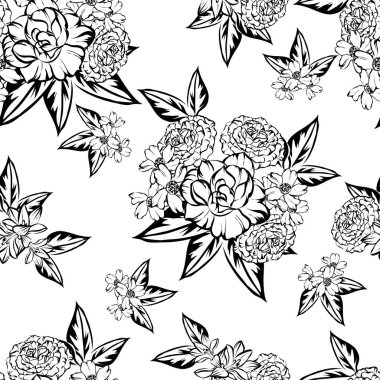 Sorunsuz vintage tarzı çiçek deseni. Siyah ve beyaz çiçek öğeleri.