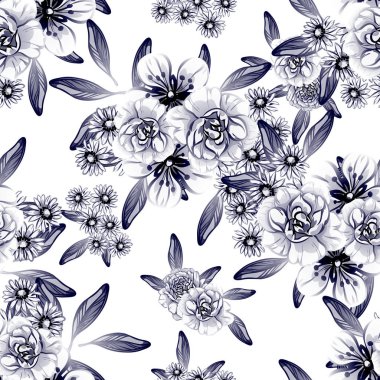 Sorunsuz vintage tarzı tek renkli renkli çiçek deseni. Çiçek öğeleri.