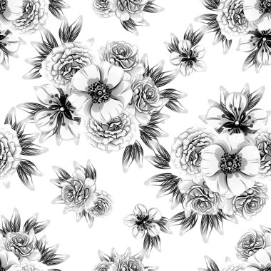 Sorunsuz vintage tarzı çiçek deseni. Siyah ve beyaz çiçek öğeleri.