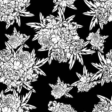 Sorunsuz vintage tarzı çiçek deseni. Siyah ve beyaz çiçek öğeleri.