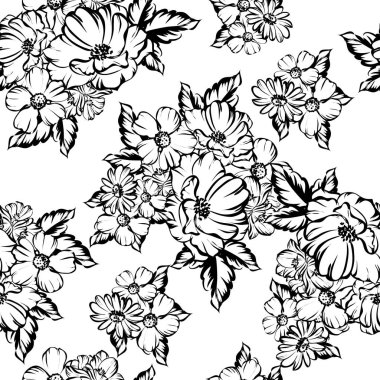 Sorunsuz vintage tarzı çiçek deseni. Siyah ve beyaz çiçek öğeleri.