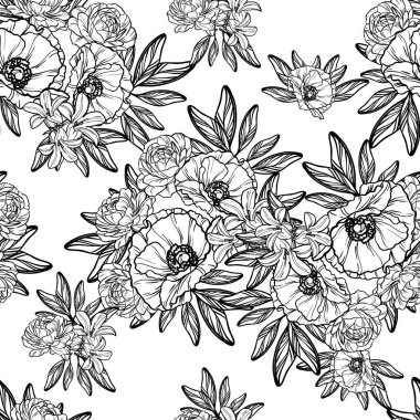 Sorunsuz vintage tarzı çiçek deseni. Siyah ve beyaz çiçek öğeleri.