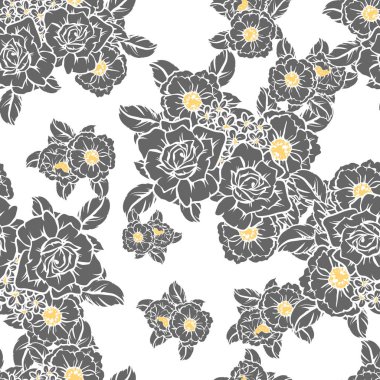 Sorunsuz vintage tarzı çiçek deseni. Siyah ve beyaz çiçek öğeleri.