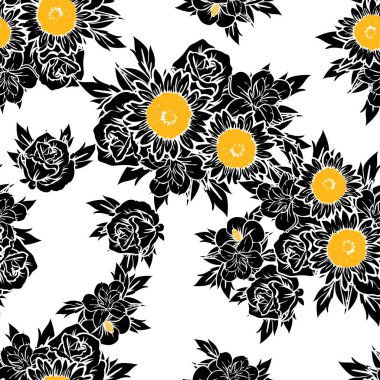 Sorunsuz vintage tarzı çiçek deseni. Siyah ve beyaz çiçek öğeleri.