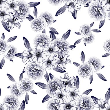 Sorunsuz vintage tarzı tek renkli renkli çiçek deseni. Çiçek öğeleri.