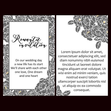 Siyah-beyaz klasik çiçek düğün kartları. Çiçek elementleri ve çerçeveleri.