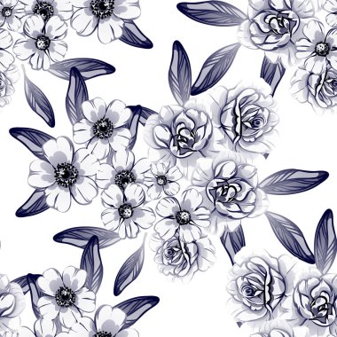 Sorunsuz vintage tarzı tek renkli renkli çiçek deseni. Çiçek öğeleri.